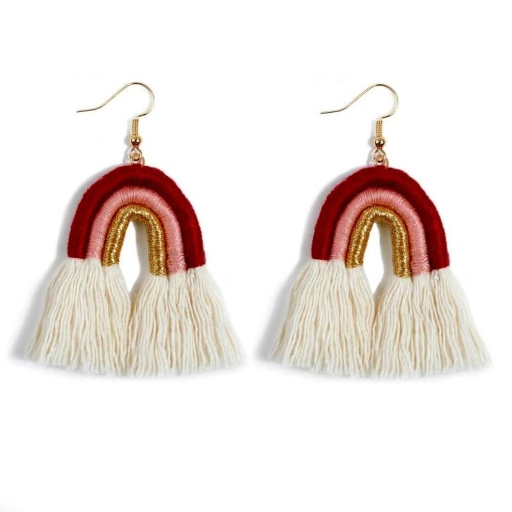 Wine/Light Pink/Gold/Cream BOHO Rainbow Tassel Fishhook Earrings